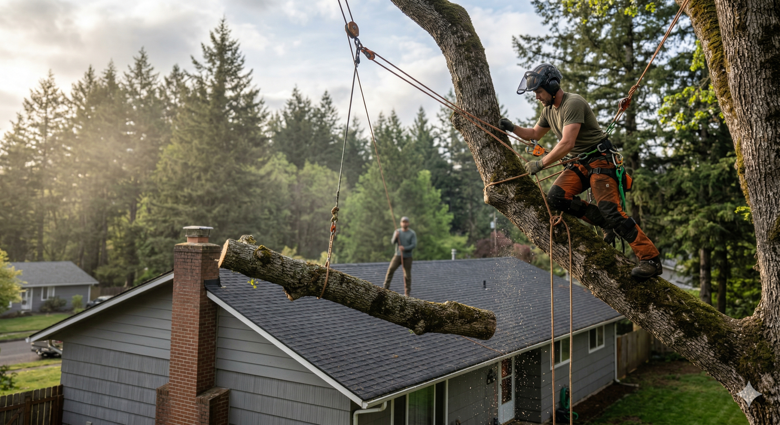 Professional arborist rigging a limb over a house